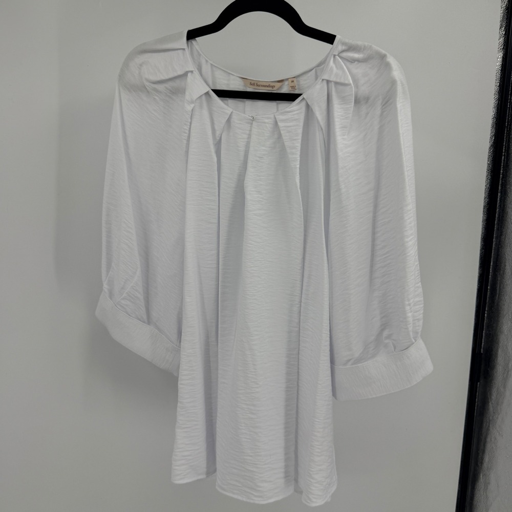 Soft Surroundings Womens 2X White Textured Pleated Neck 3/4 Sleeve Blouse FLAW